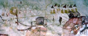 St. Ladislaus chasing the Cuman warriors. Church in Karaszkó Slovakia, frescoes from the 14th century.